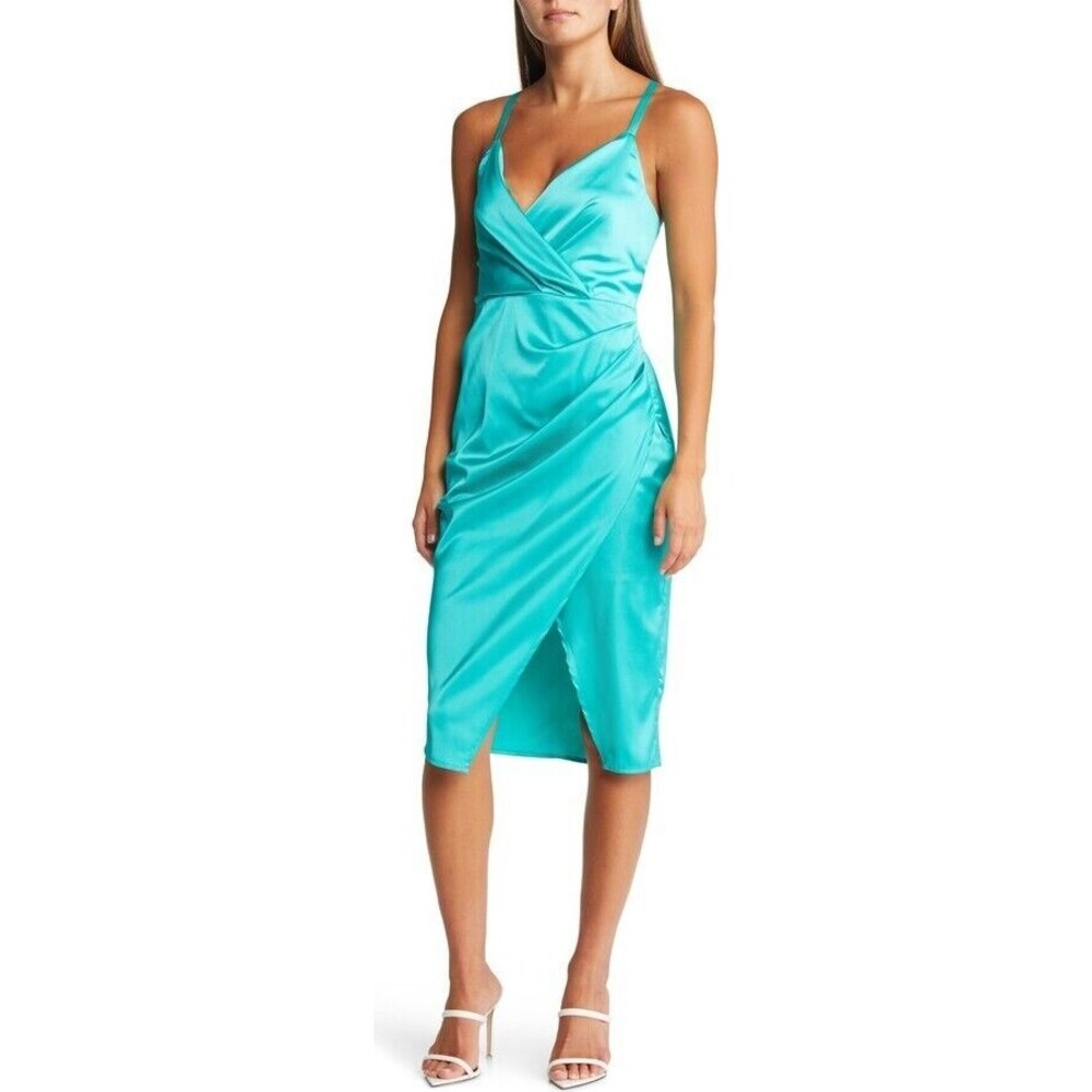 Adelyn Rae XS Lydia Open Back Satin Midi Dress Aqua Blue V-Neck Slit Lined NWT